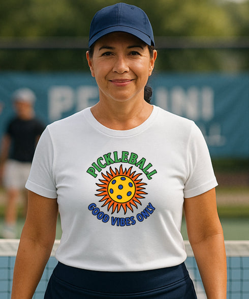 Good Vibes Only Pickleball by Pepini Pickleball — white Casual Wear Pickleball T-Shirt front view